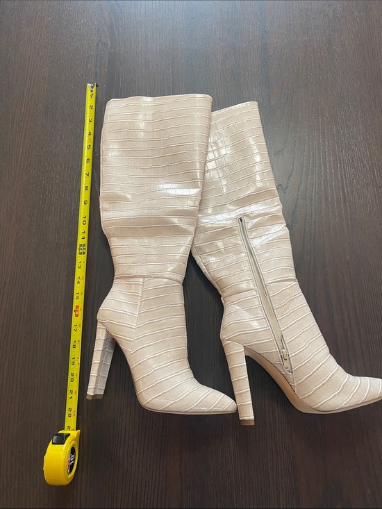 Source Unknown Shoes - Source Unknown Cream Croc-Embossed Stiletto Knee-High Boots